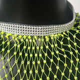 Bling Rhinestones Fishnet Mini Dress Women Sexy Long Sleeve Crystal Dress