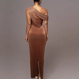 One Shoulder Draped Glitter Brown Maxi Dress
