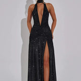 Glitter Bright Silk High Slit Halter Dress