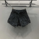 Women's Fake Two Pieces of High Waist A-line Thin Denim Shorts Street Style
