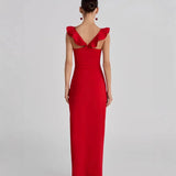 Red Flower Ruffles Strap Maxi Dress