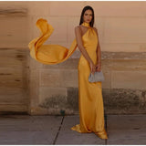 Yellow Satin Backless Lace-Up Off-Shoulder Maxi Dress