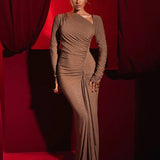 Long Sleeve Ruched Maxi Dress with Thigh-High Split