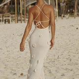 Halter Neck Flower Patchwork Lace-up Maxi Dress