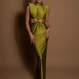 Hollow Out Turtleneck Solid Maxi Dress
