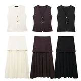 Button Knit Top Side Zipper Skirt Suit