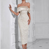 Slash Neck Embossed Flower Beige Dress