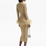 Long Sleeve Feathers Rhinestone Midi Dress