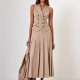 Notched Collar Pleated Skirt Suit Two Piece Sets