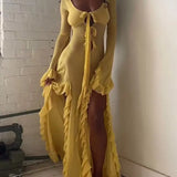Summer Slim-Fit See-Through V-Neck Long Sleeve Dress