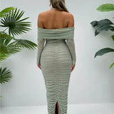 Off-shoulder Slash Neck Solid Maxi Dress