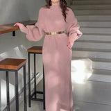 Turtleneck Pullover Solid Sweater Dress With Belt