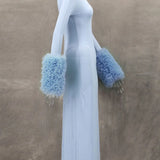 Ruffle Pleated Sleeve Blue Long Dress for Women