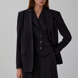 Notched Collar Pleated Skirt Suit Two Piece Sets