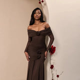 3D Flower-appliqué Mesh Long Sleeve Fishtail Maxi Dress