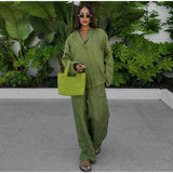 Long Sleeved Silk Geometric Shirt High Waist Pant Set