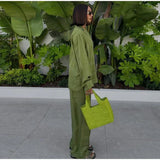Long Sleeved Silk Geometric Shirt High Waist Pant Set