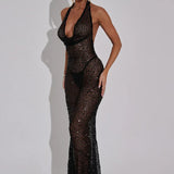 Open Back Sequins Sparkling Halter Maxi Dress