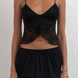 Lace Camis Spaghetti Strap Irregular Hem Tank V-neck Mesh See Through Summer Vest Crop Tops
