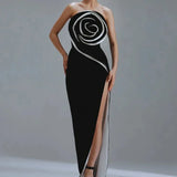 3D Flower Strapless Asymmetric Black Maxi Dress