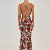 Red Floral Maxi Dress with Cowl Neck & Tie Back