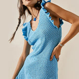 Ruffled Crochet Hollow Out Knit  Beach Mini Dress