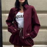Zipper Lapel Burgundy Color Jacket and Skirt Suit
