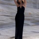 Solid Backless Halter Knit Slit Maxi Dress