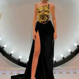Strapless Gold Top & High-Slit Skirt Set