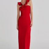 Red Flower Ruffles Strap Maxi Dress