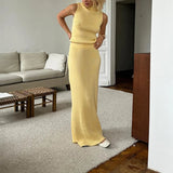 Solid Tank Top And Midi Skirt Knitted 2pcs Set