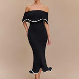Strapless Ruffles Black Midi Dress