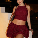 Furry Mini Skirt Crop Top Set