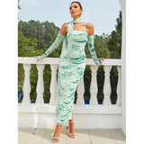 Halter Open Shoulder Printed Lace Fold Midi Dress