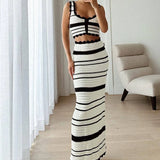 Striped Contrast Knitted Top and Long Skirt Set