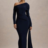 Skew Collar Long Sleeve Maxi Dress