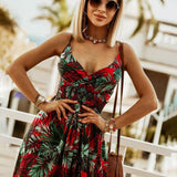 V Neck Floral Print Spaghetti Strap Sleeveless Beach Dress