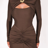 Long Sleeved Pleated Hollowed Out Maxi Dress