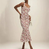 Cherry Print Ruffles Hem Trumpet Midi Dress