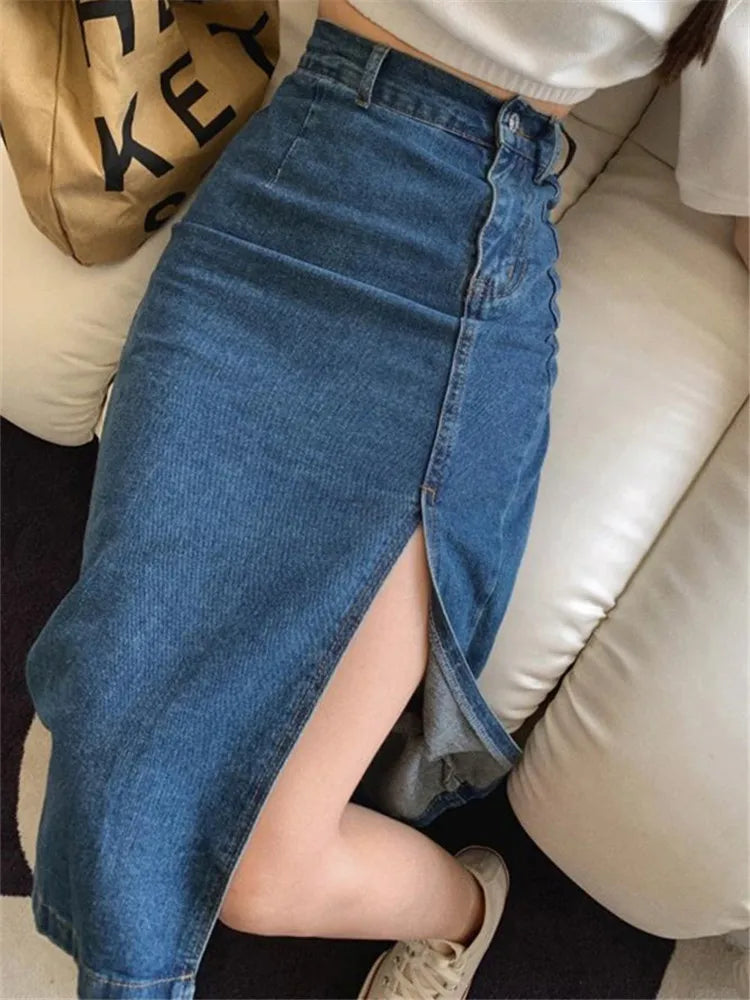 2025 Midi Spring Summer Side Split High Wasit Jeans Straight Female Skirt