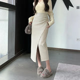 Autumn Front Split Long 2025 New High Waist Classic Office Pleated A-Line Skirt