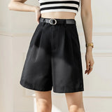 Women 2025 Summer Pockets Solid High Waist Wide Leg Straight Workwear Suit Shorts