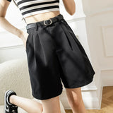 Women 2025 Summer Pockets Solid High Waist Wide Leg Straight Workwear Suit Shorts