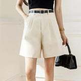 Women 2025 Summer Pockets Solid High Waist Wide Leg Straight Workwear Suit Shorts