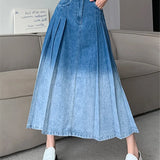 Waist Gradient Pleated Women's Denim Long For Spring Summer Casual Blue Jeans Pockets New Skirt