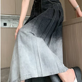 Waist Gradient Pleated Women's Denim Long For Spring Summer Casual Blue Jeans Pockets New Skirt