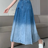 Waist Gradient Pleated Women's Denim Long For Spring Summer Casual Blue Jeans Pockets New Skirt