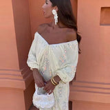 Sequins Strapless Pleated Women Slash Neck Lantern Sleeve 2025 Spring Ladies New Evening Party Vestido Midi Dress