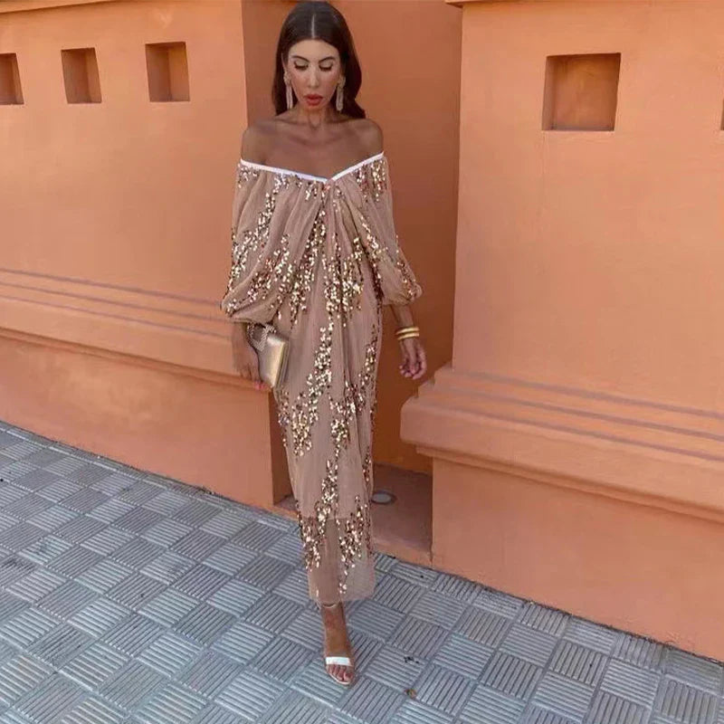 Sequins Strapless Pleated Women Slash Neck Lantern Sleeve 2025 Spring Ladies New Evening Party Vestido Midi Dress