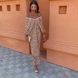 Sequins Strapless Pleated Women Slash Neck Lantern Sleeve 2025 Spring Ladies New Evening Party Vestido Midi Dress